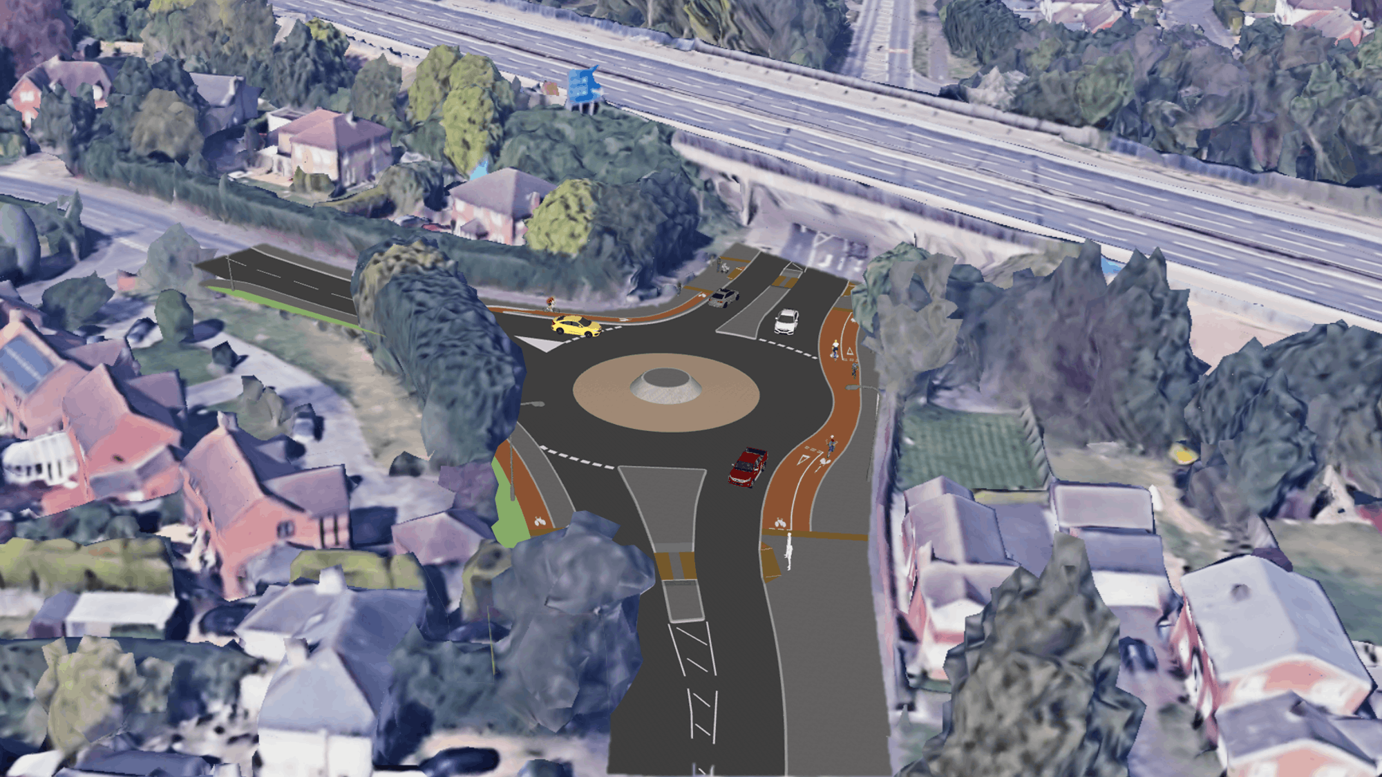 Computer generated image of birds of view of the new roundabout being constructed at Holyport including single lanes and new bike paths