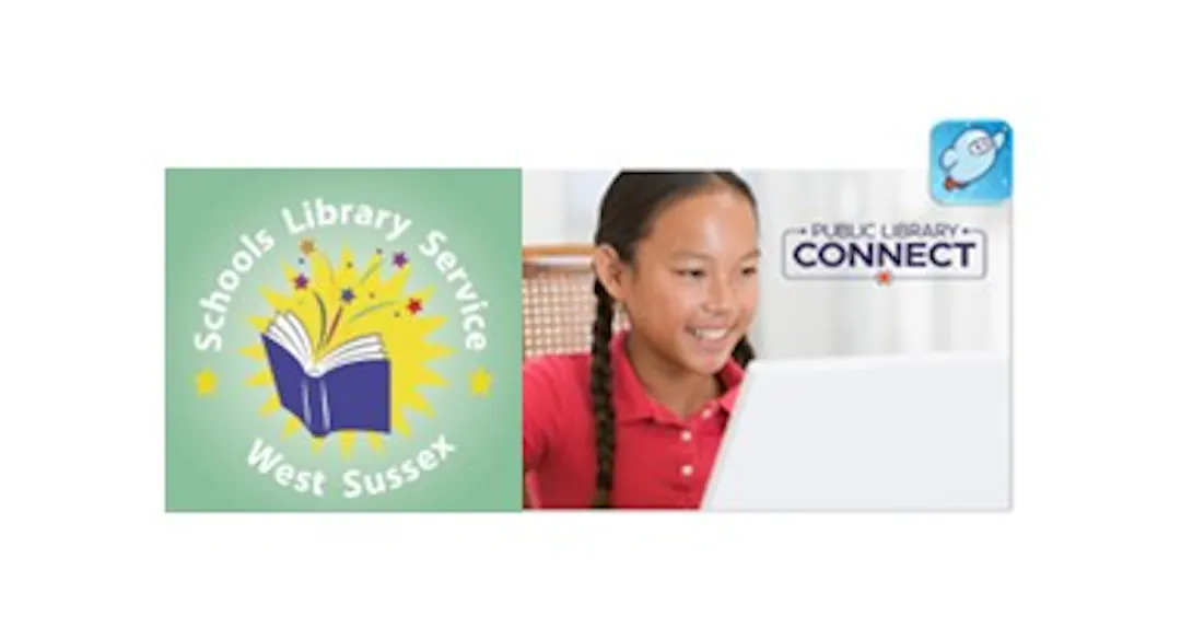 West Sussex Schools Library Service logo - Blue book bursting with magic and Sora logo with girl looking at laptop