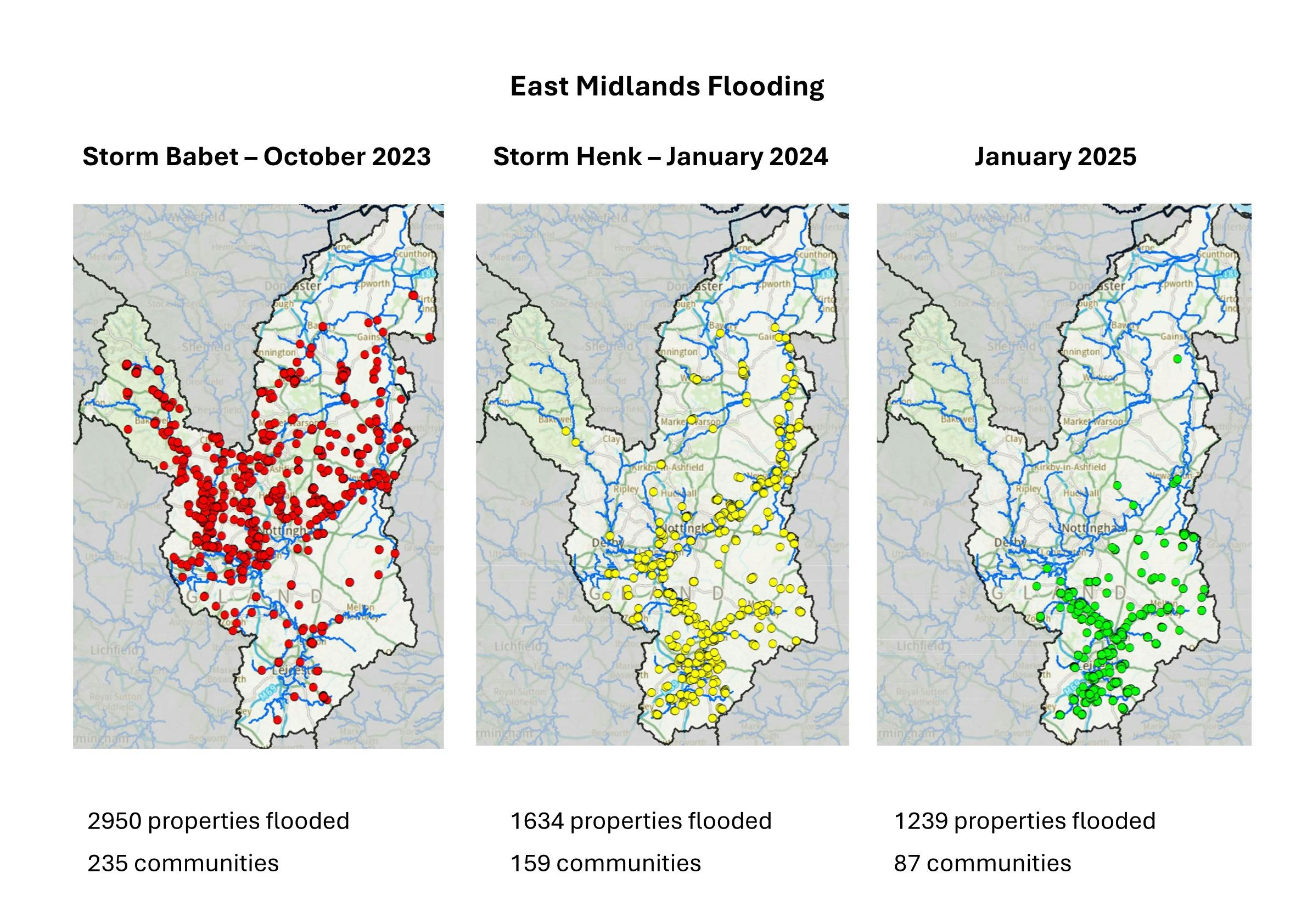 East Midlands Flooding 2023-2025. Similar to the image of the flooded properties on the main page, but one for each of the 3 largest recent flood events