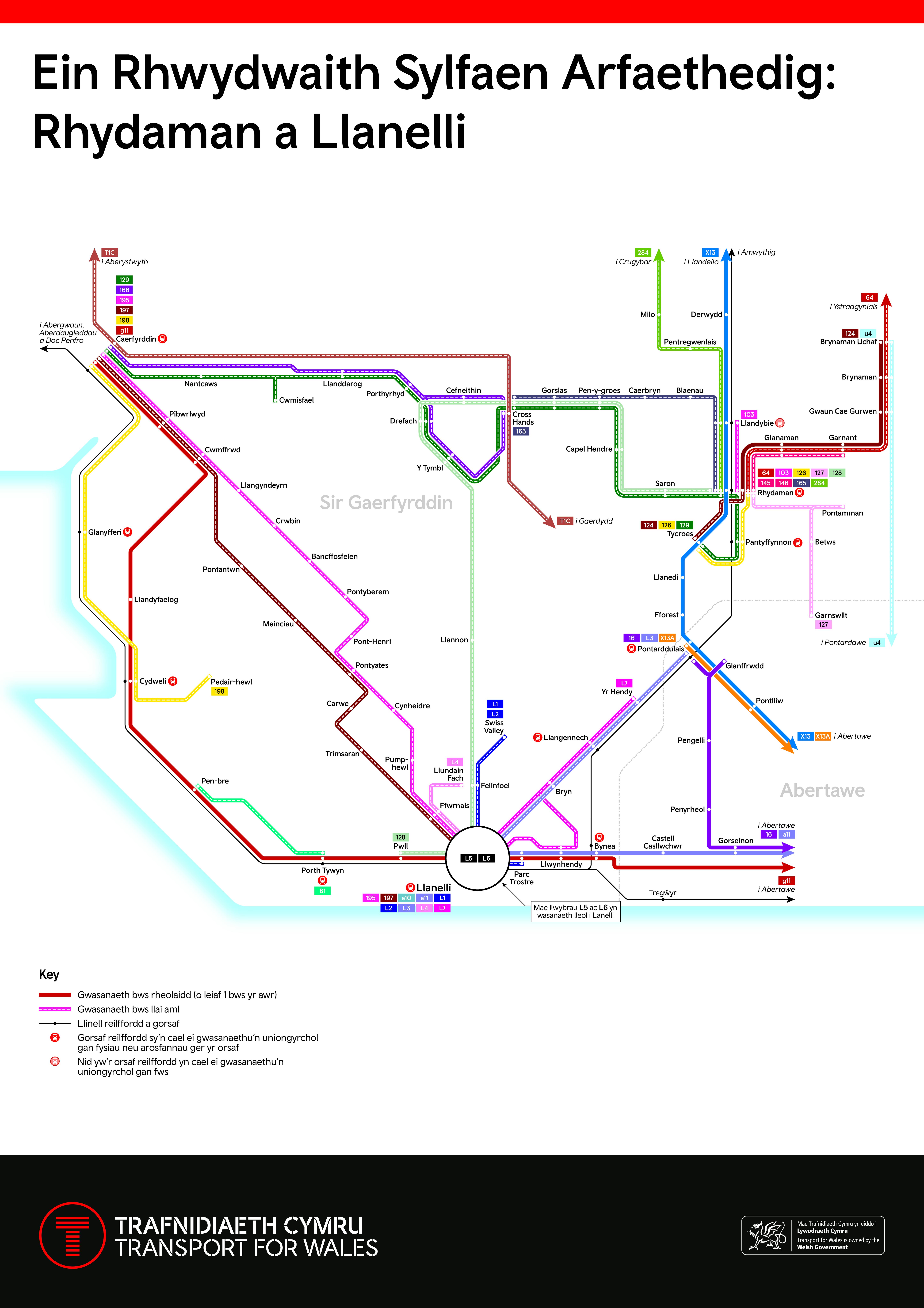 Map graffig yn dangos y Rhwydwaith Sylfaen Arfaethedig yn Llanelli a Rhydaman