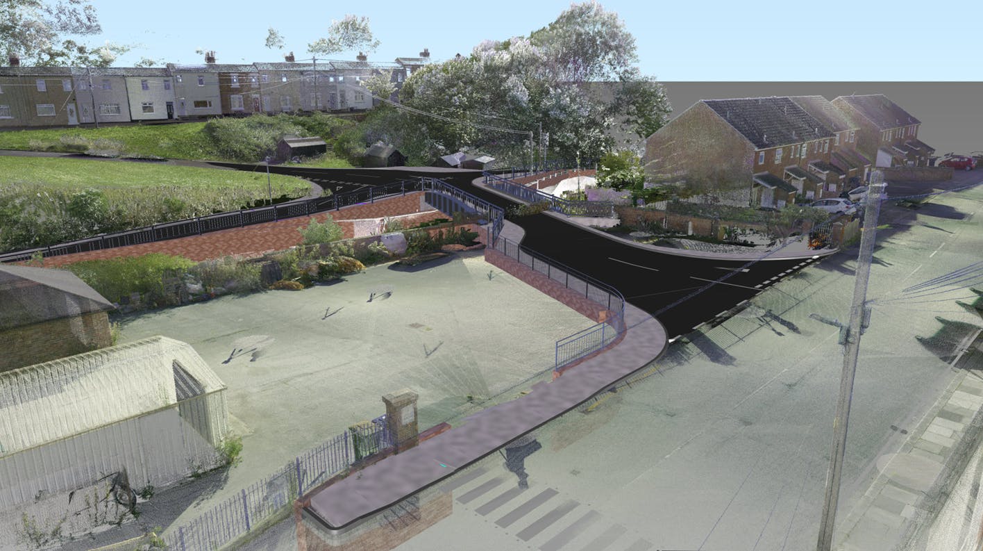 Simulated visualisation of the new bridge from New Company Row over looking the Riverside Building car park on to Grove Hill