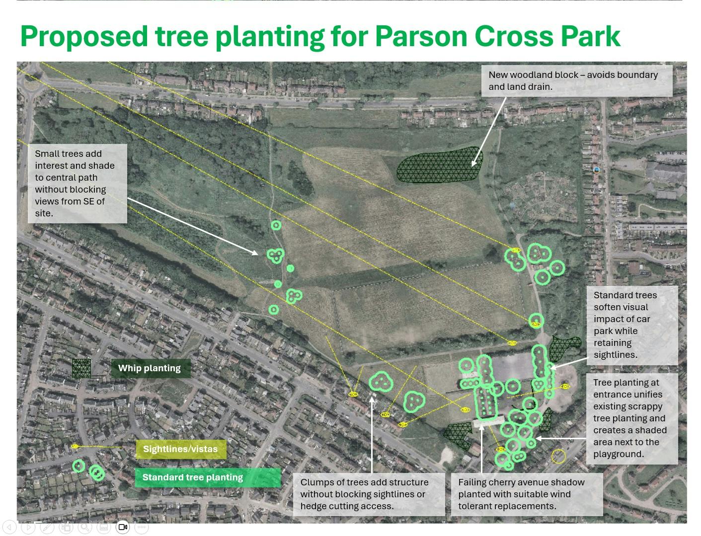 A plan showing proposed tree planting at Parson Cross Park