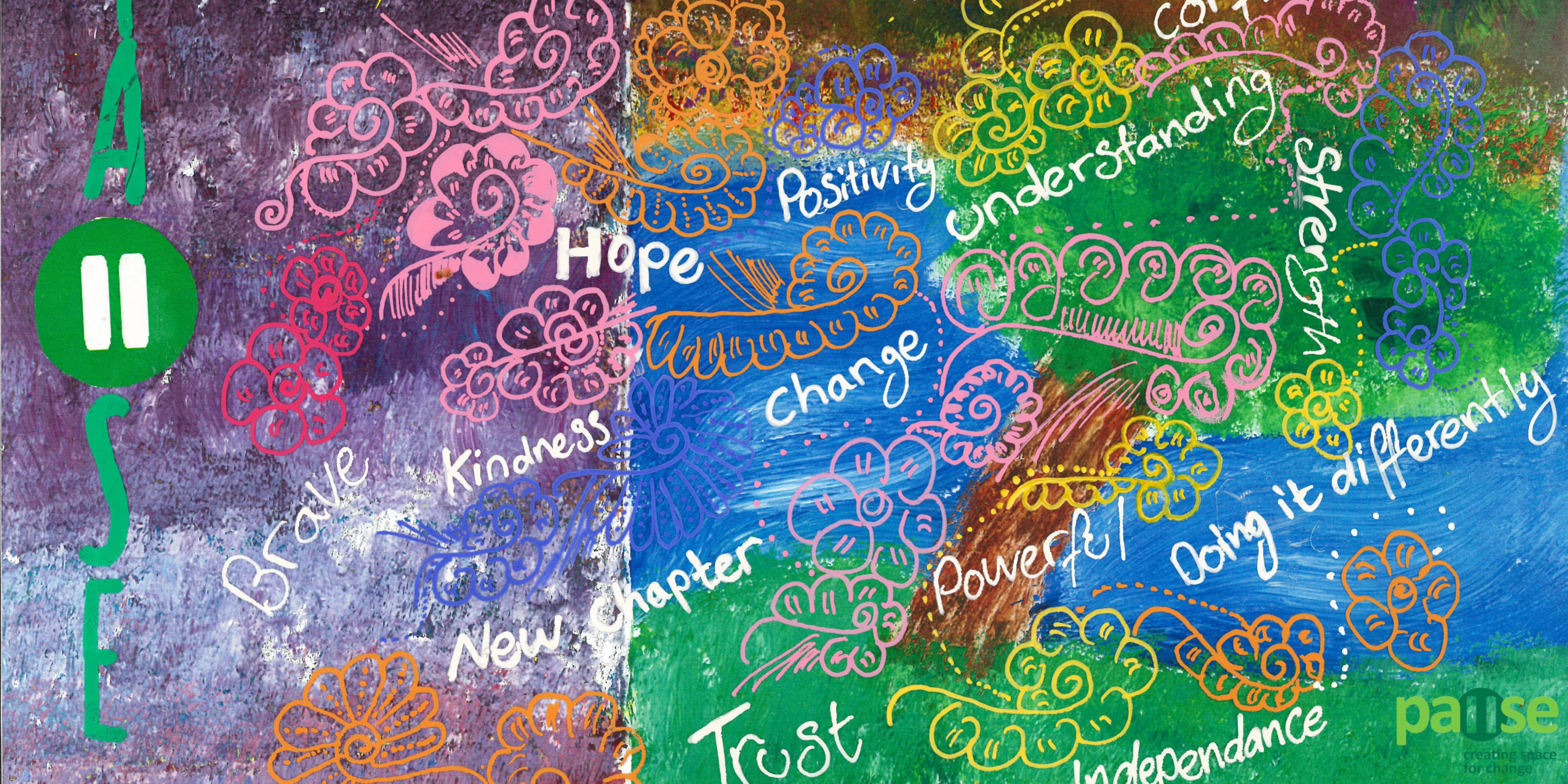 Pause multi coloured banner with motivational words