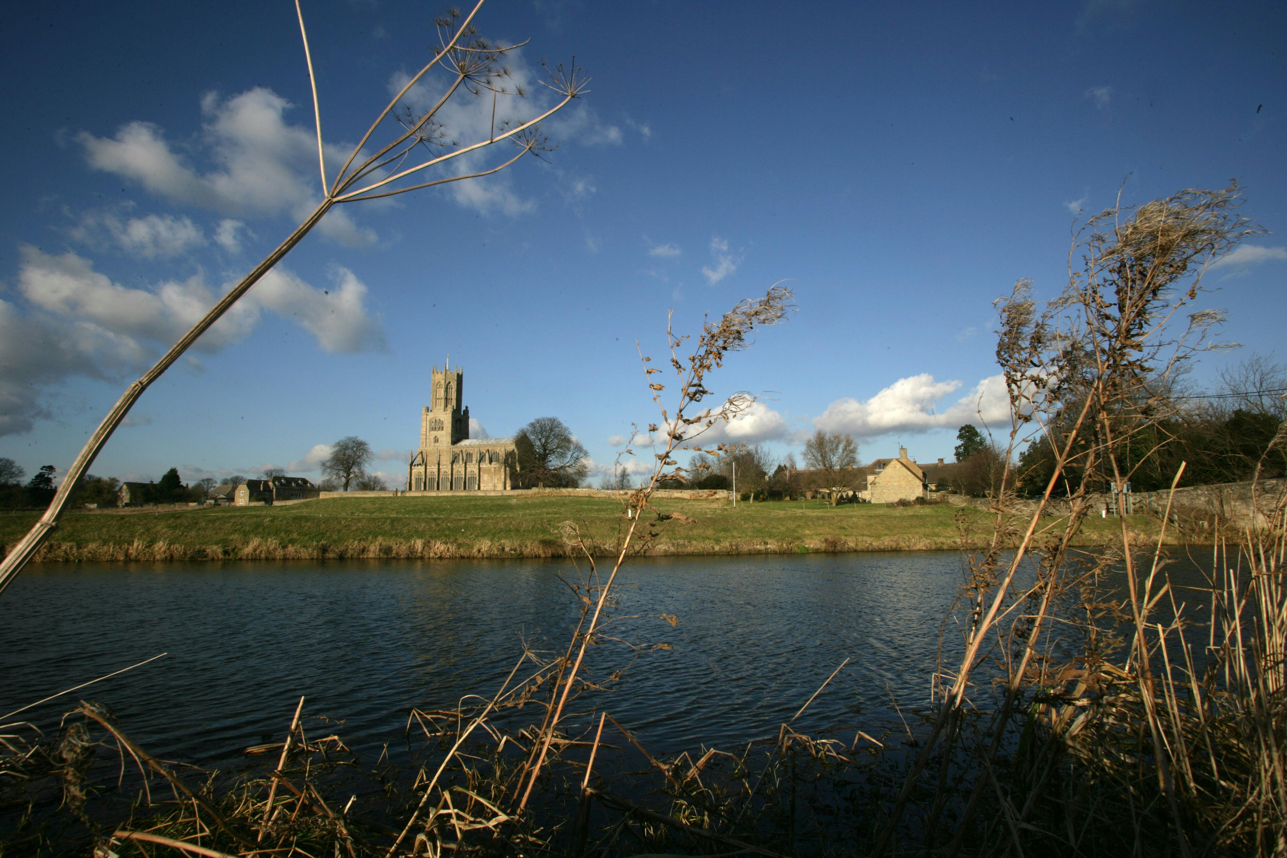 Image showing the River Nene and the Church of St Mary and All Saints at Fotheringhay. 