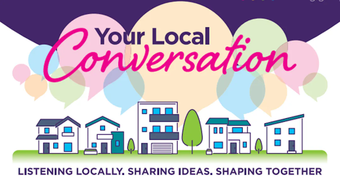 A graphic of houses and flats with speech bubbles above, with the slogan Your Local Conversation