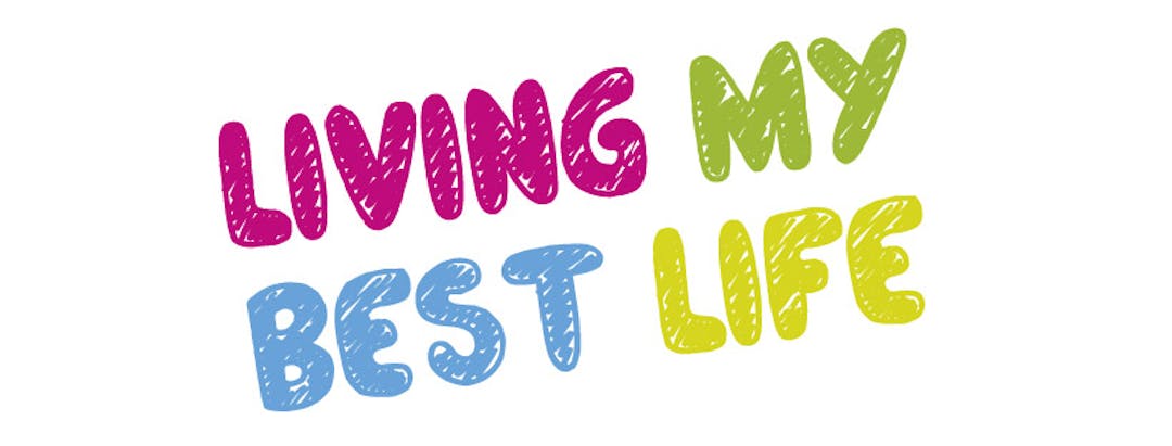 Logo in different colours which says "living my best life"