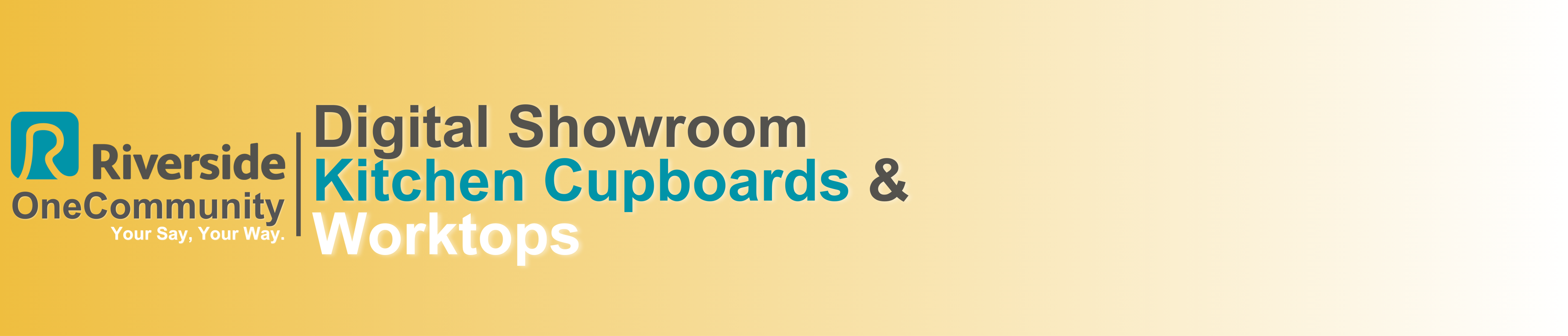 A decorative banner with the title "Digital Showroom, Kitchen Cupboards & Worktops"