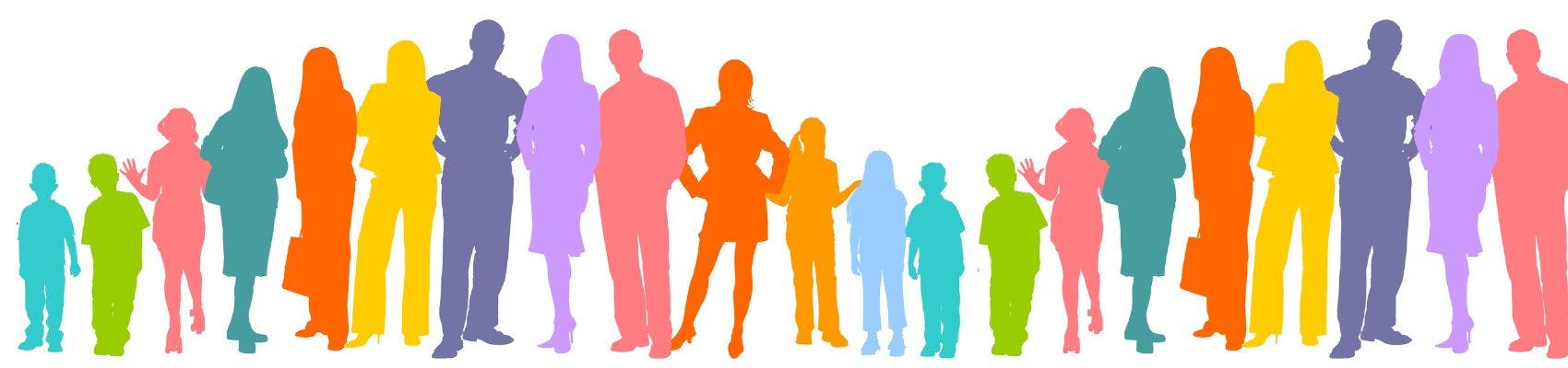 a colourful line of silhouettes showing children and adults