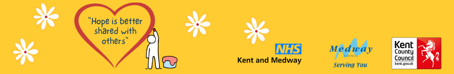 Yellow banner with logos for Medway, Kent and Medway NHS, and KCC. Reads: Kent and Medway Suicide and Self Harm Prevention St