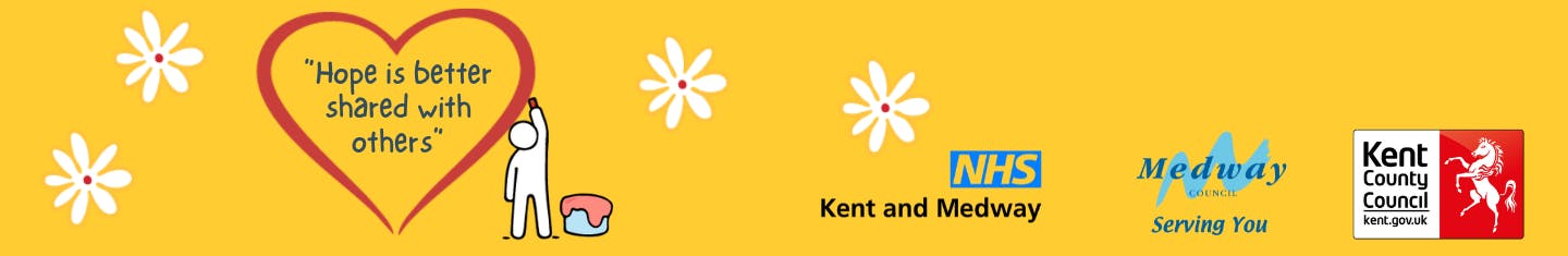 Yellow banner with logos for Medway, Kent and Medway NHS, and KCC. Reads: Kent and Medway Suicide and Self Harm Prevention St