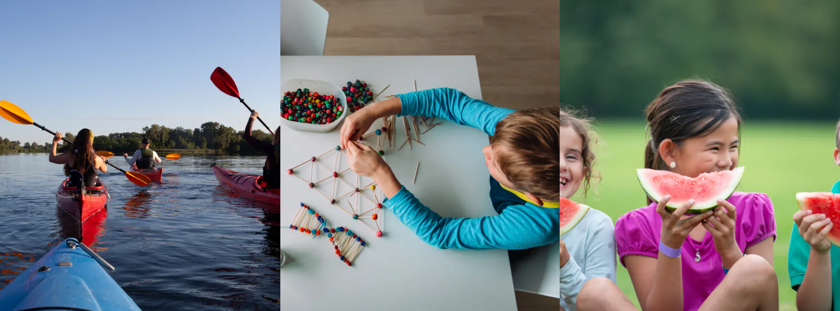 Image of children canoeing, making art and eating. 