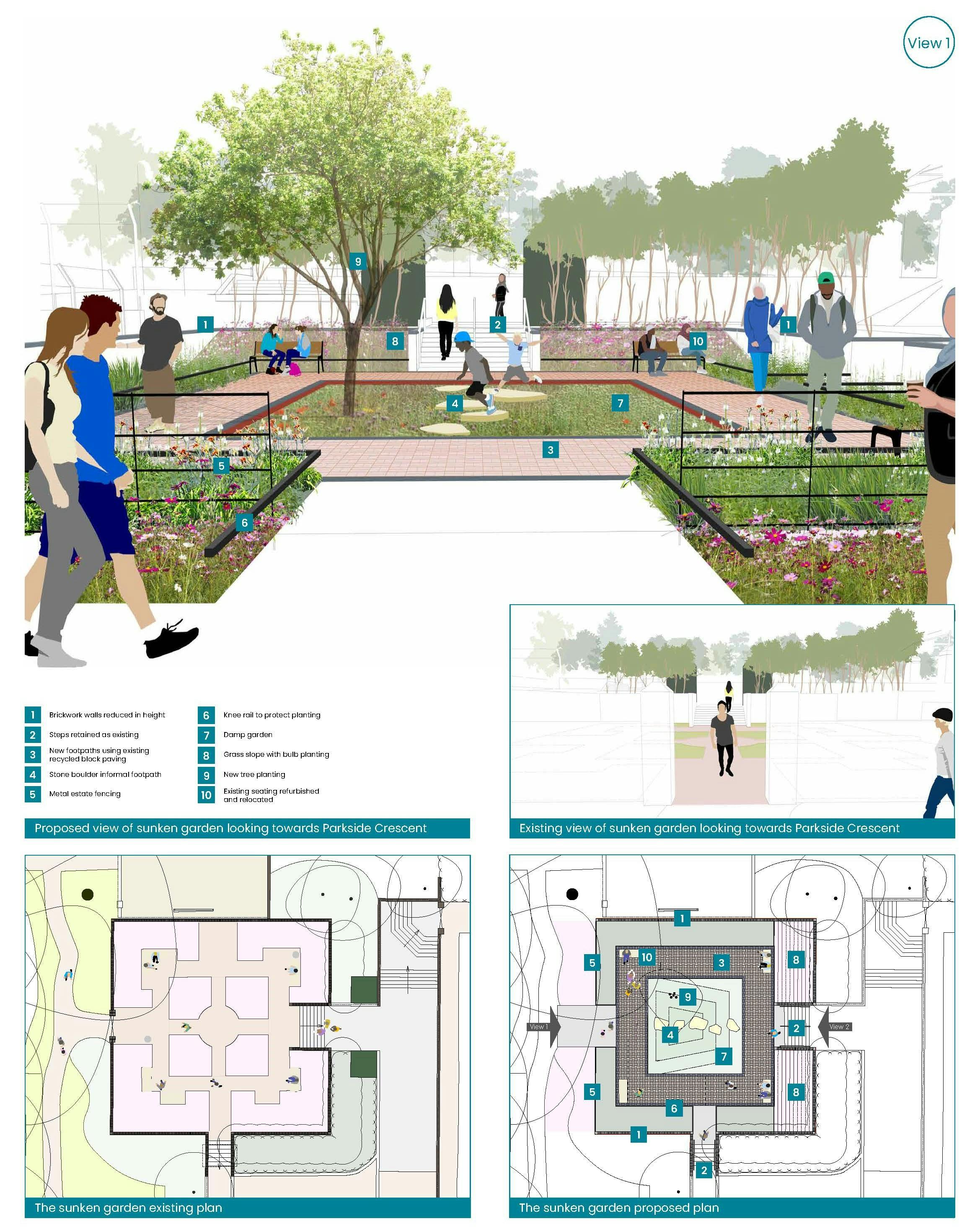 Sunken Garden: Proposed design 'View 1' - towards Parkside Crescent