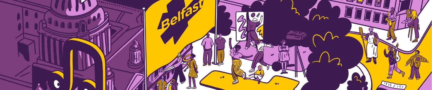 cartoon graphic of City Hall and people doing creatve things