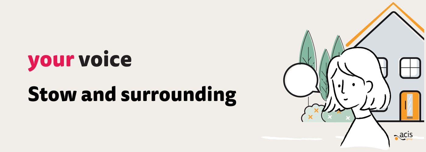 Your Voice Stow and surrounding with a drawing of a woman in front of a house