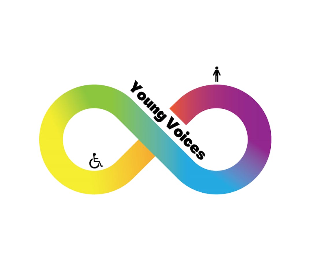 Young Voices Logo. A rainbow infinity symbol with text "young voices" and a symbol of wheelchair user and person standing