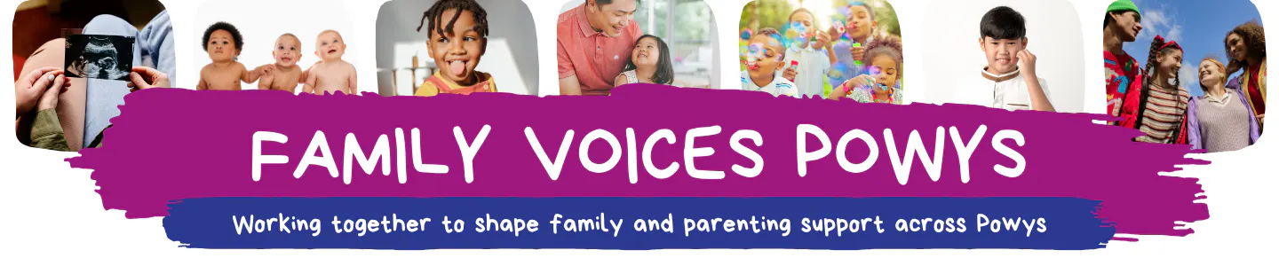 Powys Parenting Forum in white letters on a blue background with images of children and young people of different ages