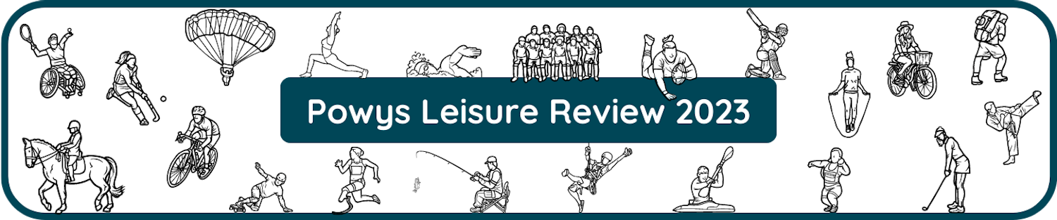 Powys Leisure Review 2023 in white text on a dark green background with icons of different sports all around