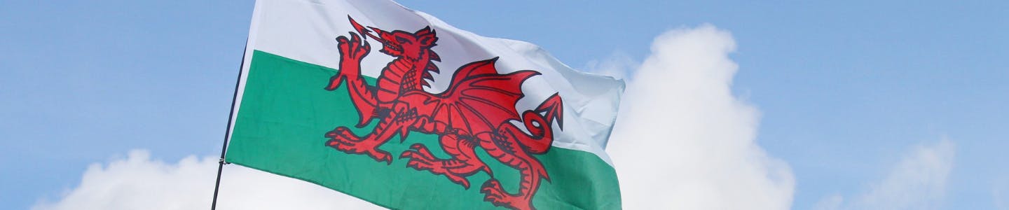 A Welsh flag with blue sky in the background