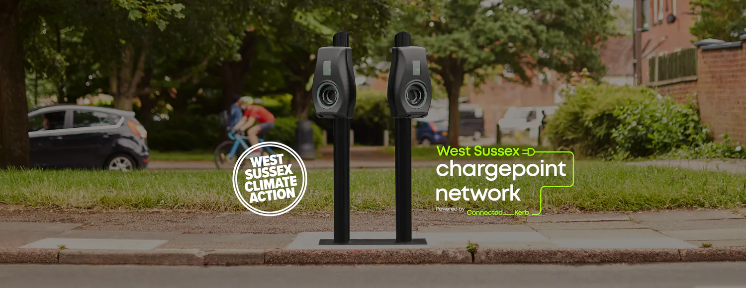 Cars charging at EV chargepoints . West Sussex Climate Action, West Susses Chargepoint Network logos.