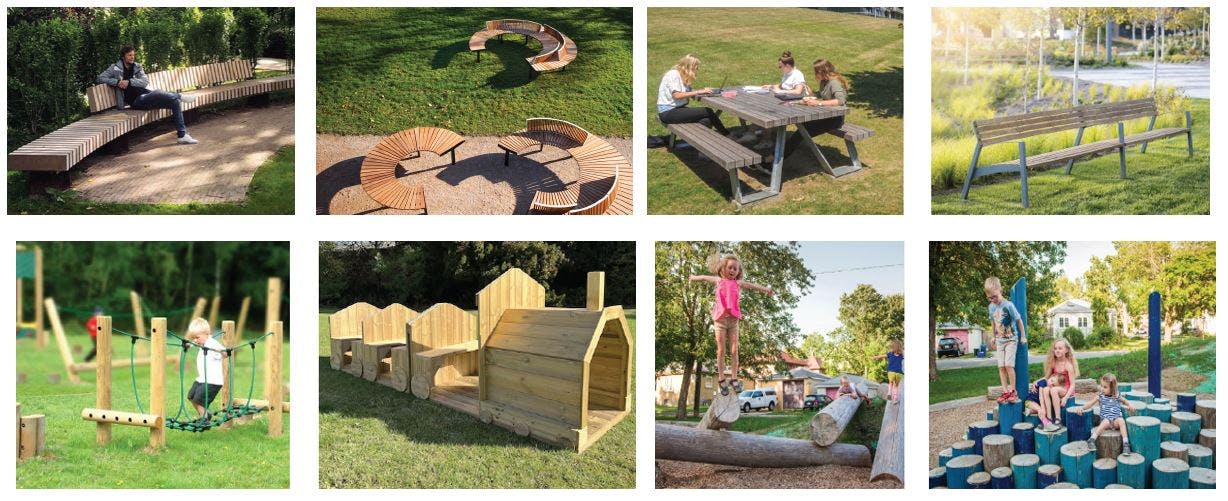 Pictures of a wooden bench, tables, climbing blocks and children wooden activities