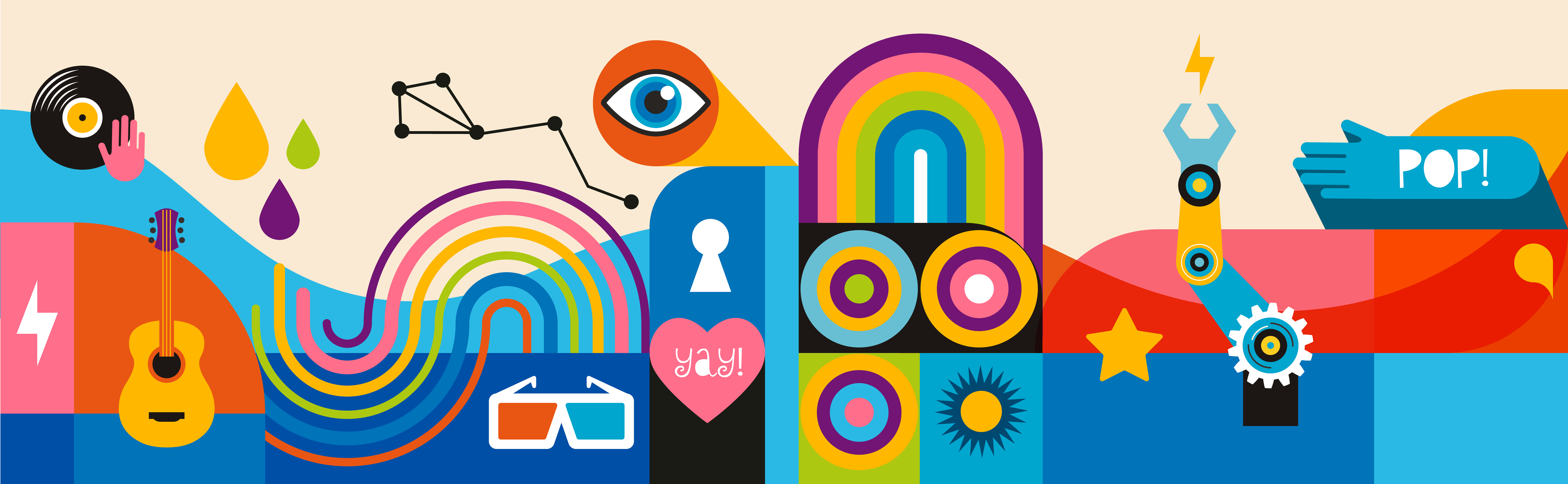 Colourful geometric image of rainbows, musical instruments, and robotics.