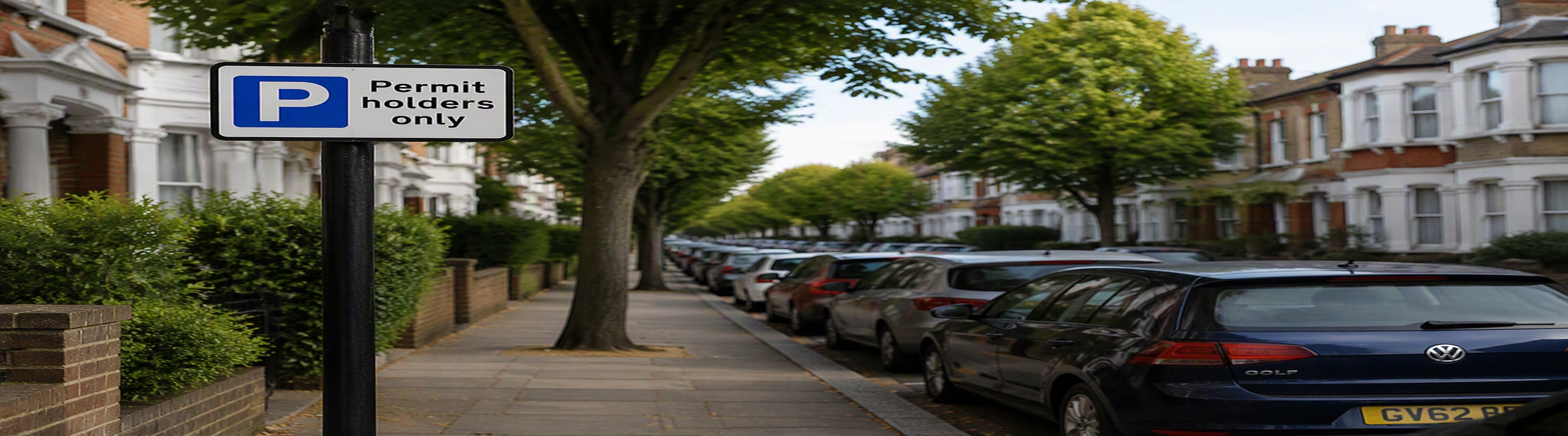 Photo of Permit holders only parking sign on residential street with cars parked.
