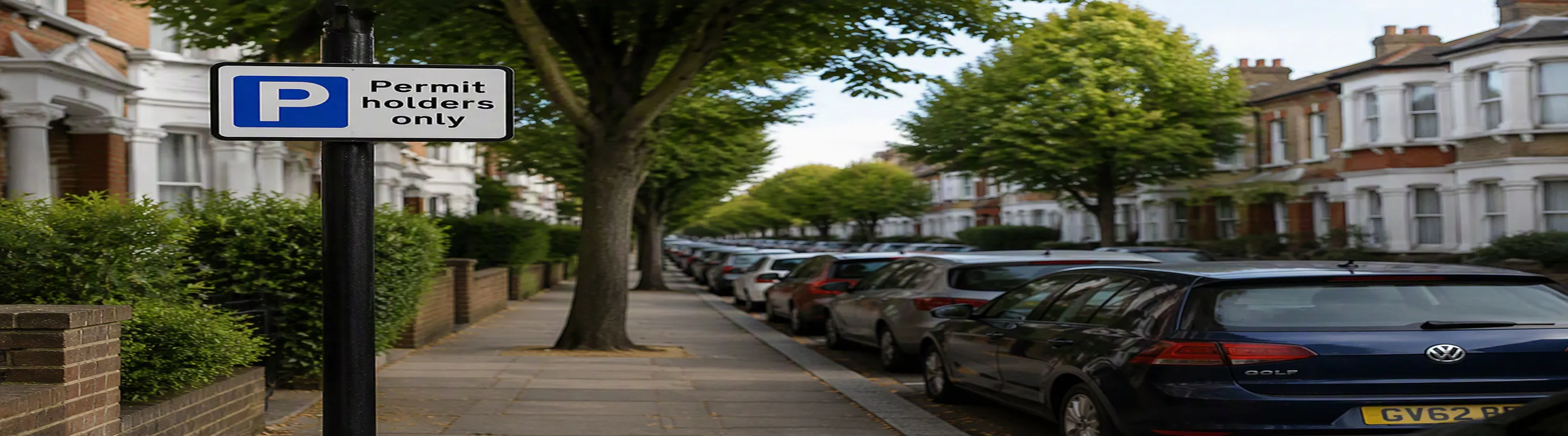 Photo of Permit holders only parking sign on residential street with cars parked.