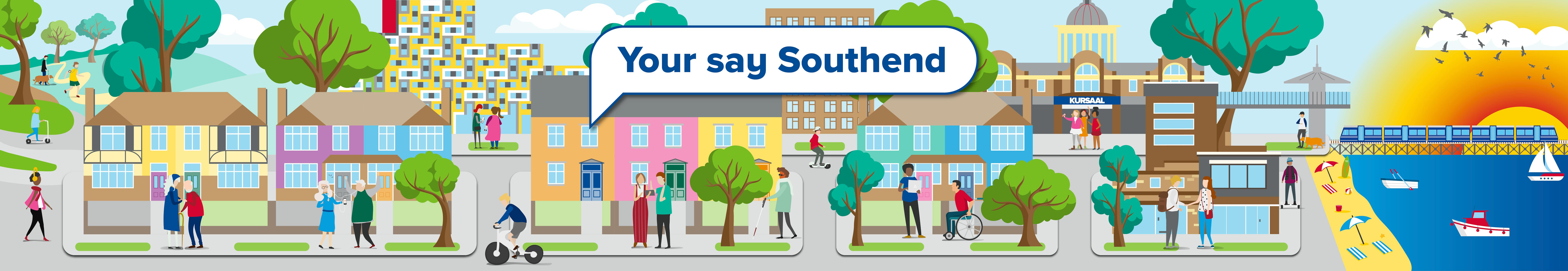 Your say Southend banner,cartoon graphic landscape on Southend with the Kursaal, pier, seaside and residents