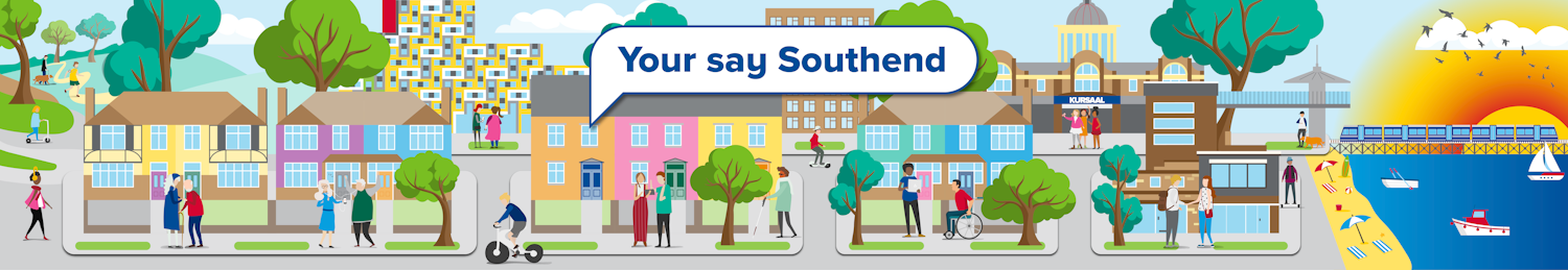 Your say Southend banner,cartoon graphic landscape on Southend with the Kurasal, pier, seaside and residents