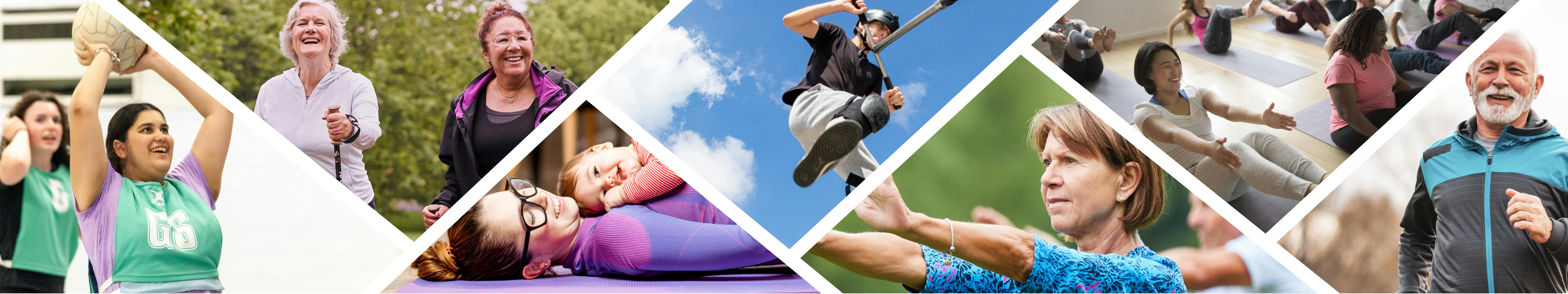 Collage of images of different people taking part in various sports activities including netball, walking and fitness classes