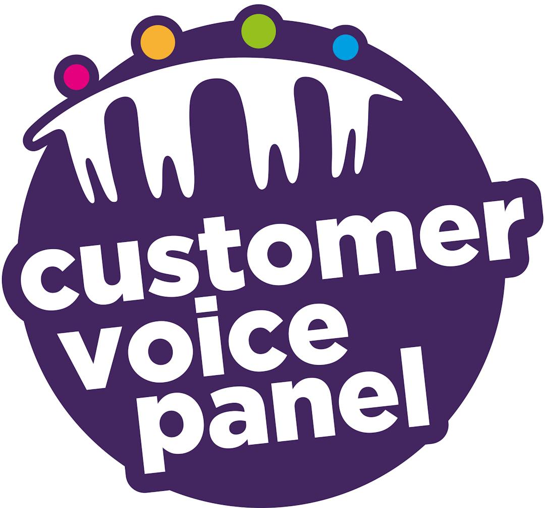 A graphic of 4 stick figures with the words 'customer voice panel'