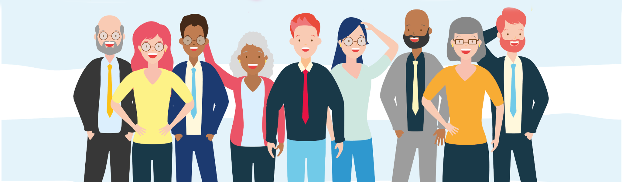 Group of people of different ethnicities in colourful clothing stood in a row smiling