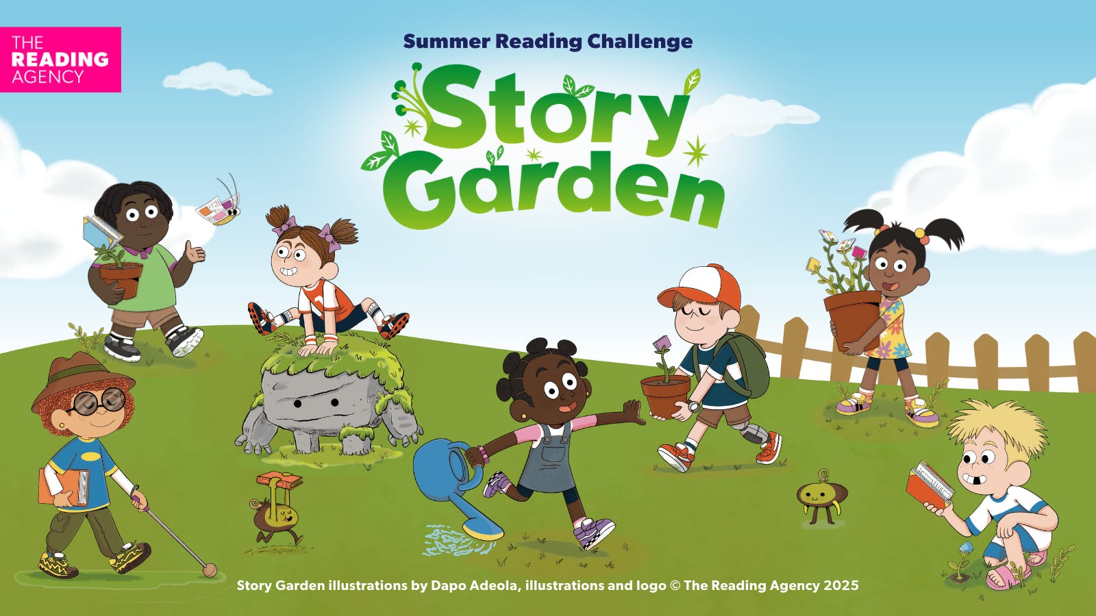 Text saying Summer Reading Challenge Story Garden illustrated by Dapo Adeola 
