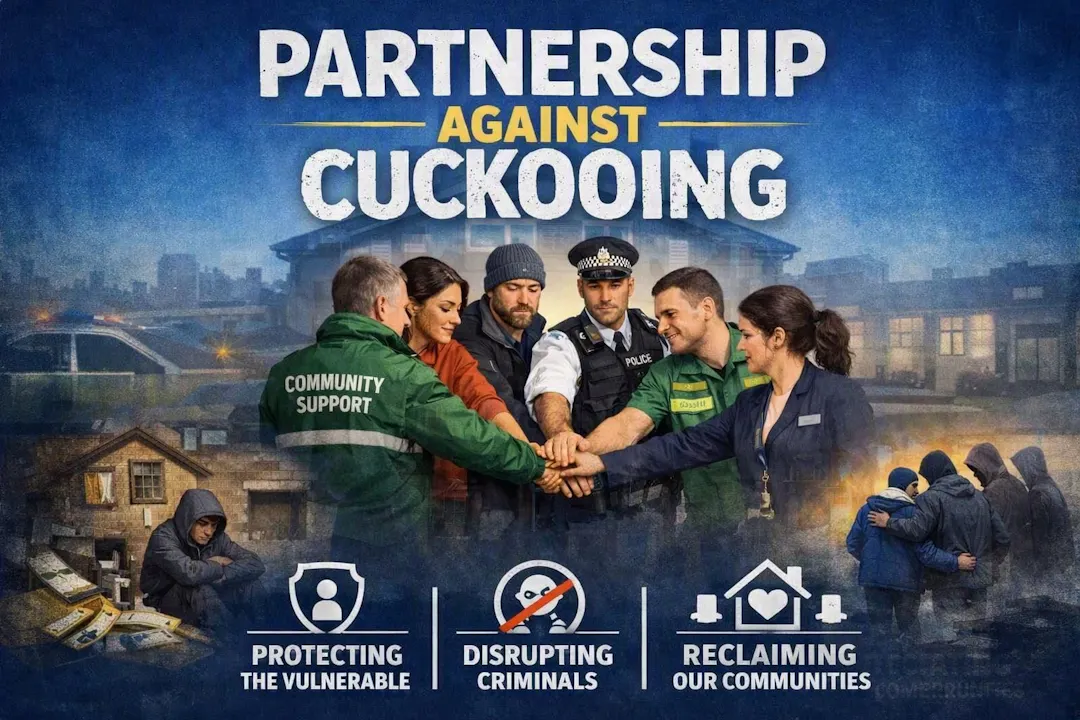 Partnership against cuckooking - key services joining hands in the centre of a circle of staff