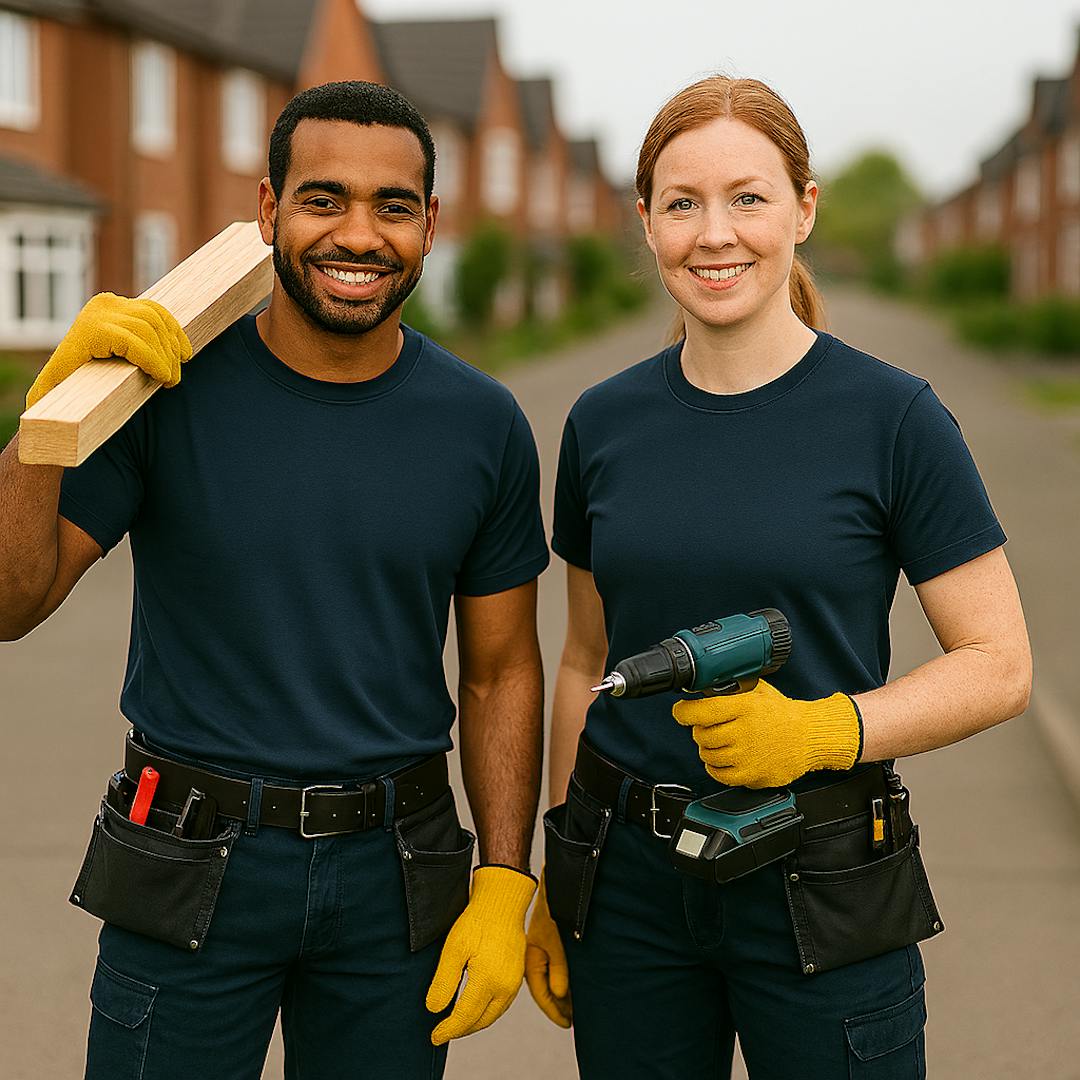 2 people dressed for repair work, one is holding a plank of wood, the other is holding an electric drill