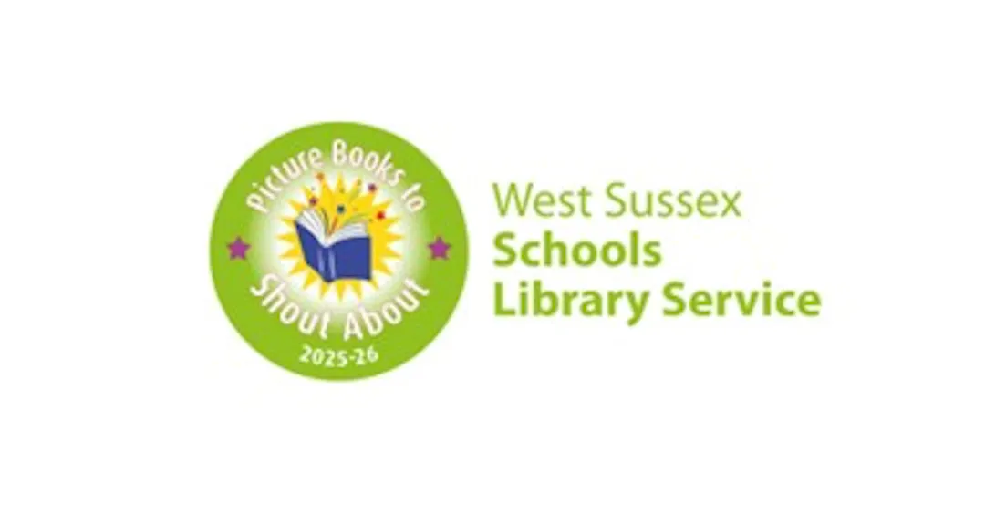 Picture Books to Shout About logo. Blue book bursting with magic.