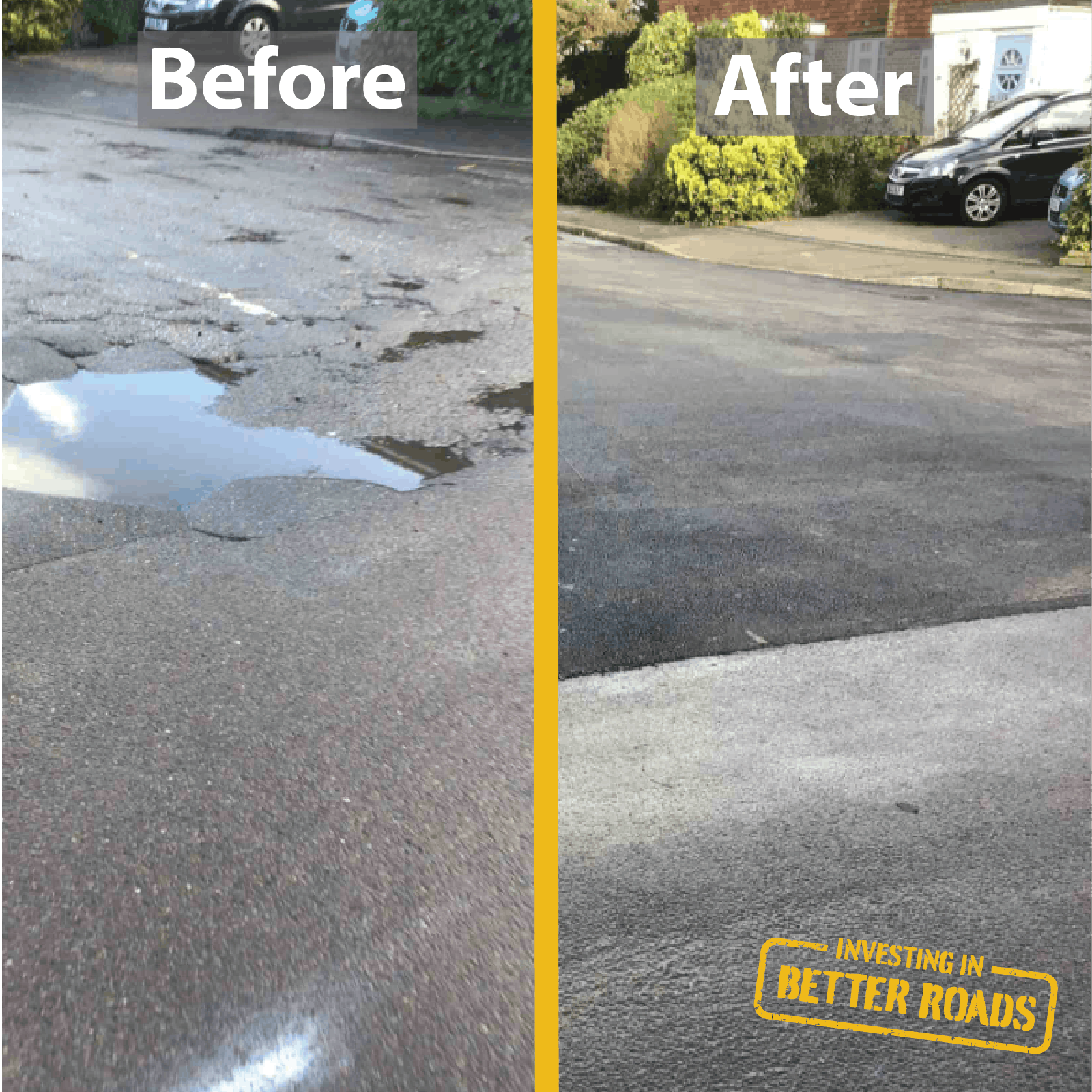 Before And after shot of a carriageway junction once it's been resurfaced