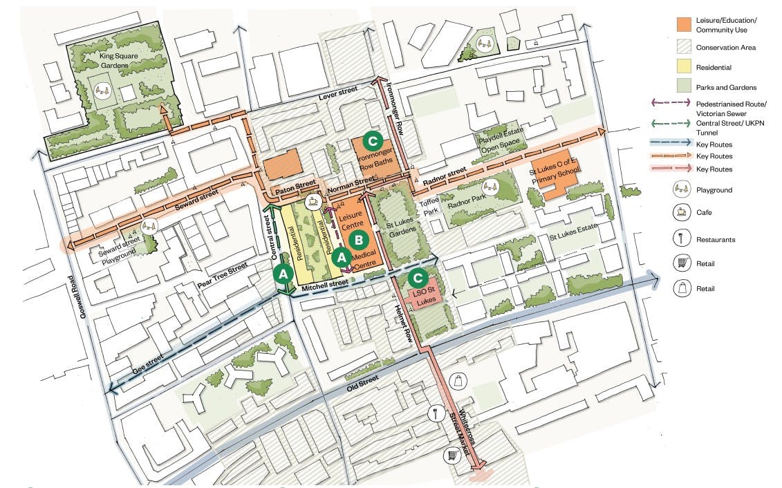 A detailed map of the Finsbury Leisure centre site location including a key explaining different areas.jpg