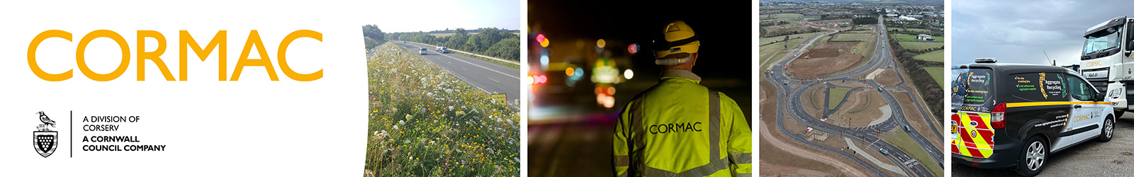 A banner image of Cormac activities including gritting and surfacing.