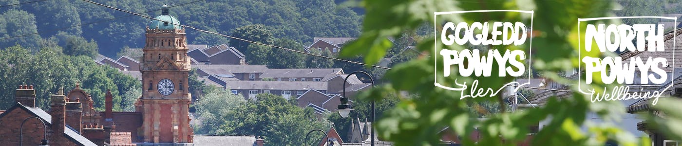 Scenic shot of Newtown Powys with bilingual North Powys logo