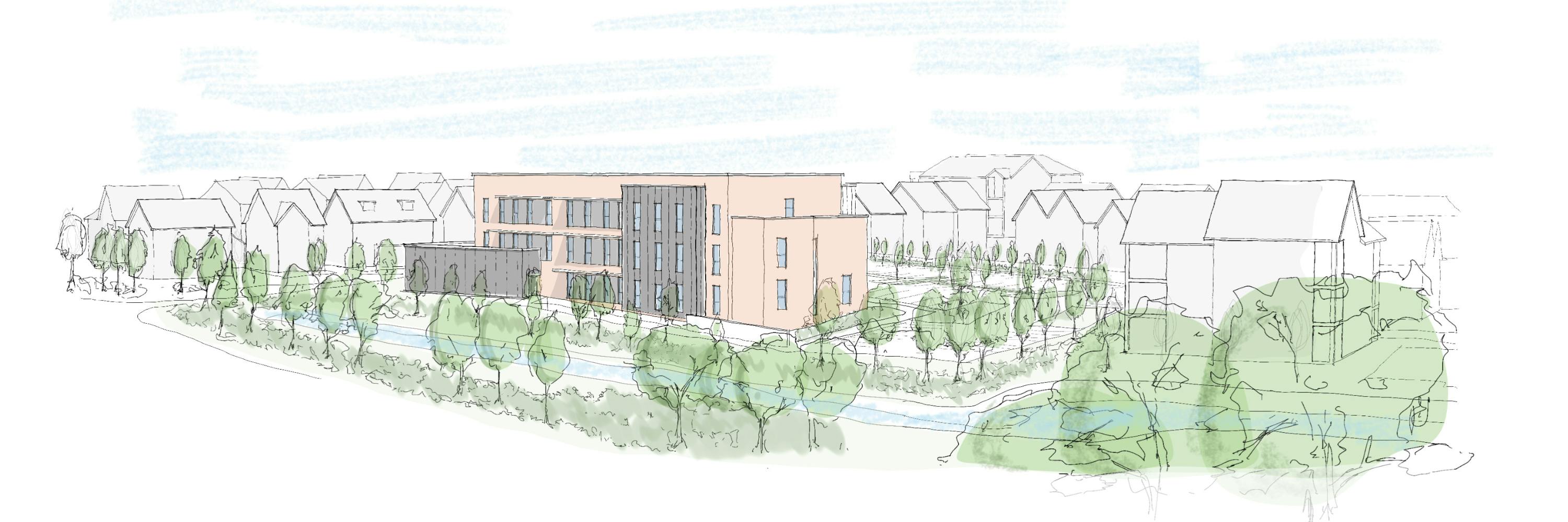 The image shows an artistic sketch of a town centre with lots of people walking, cycling and sitting