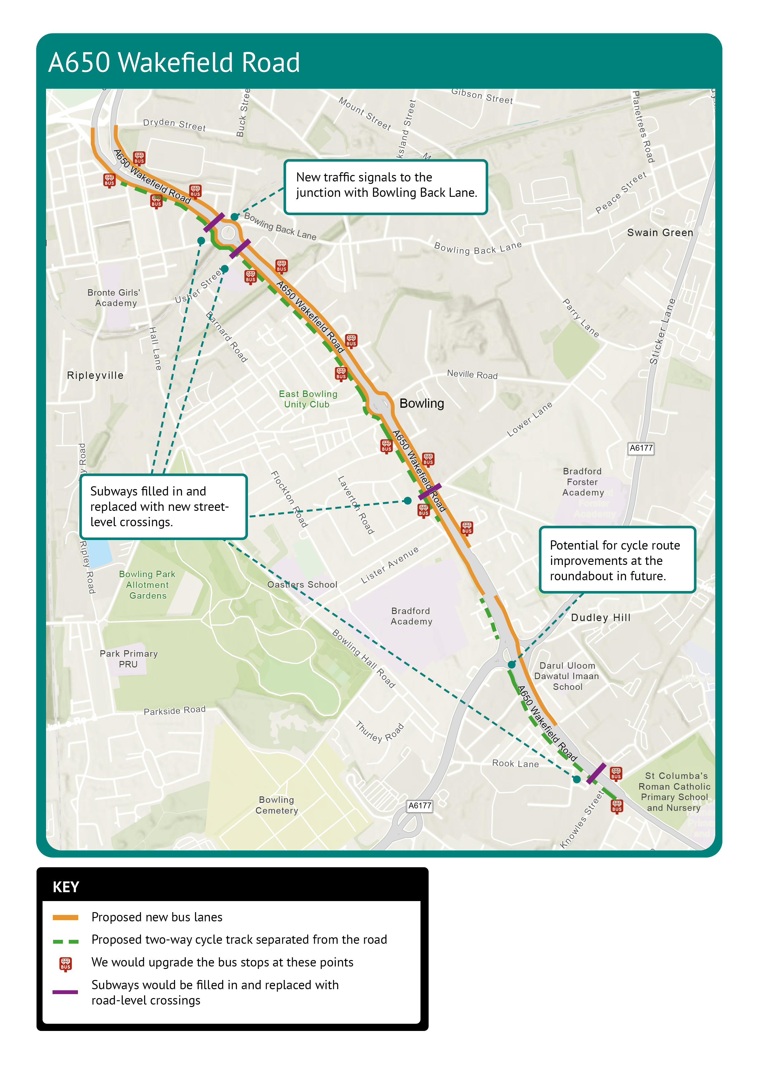 An overview map of our proposals for Wakefield Road