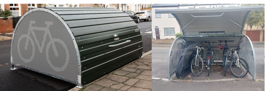 These are photos of a closed and open bike hangar