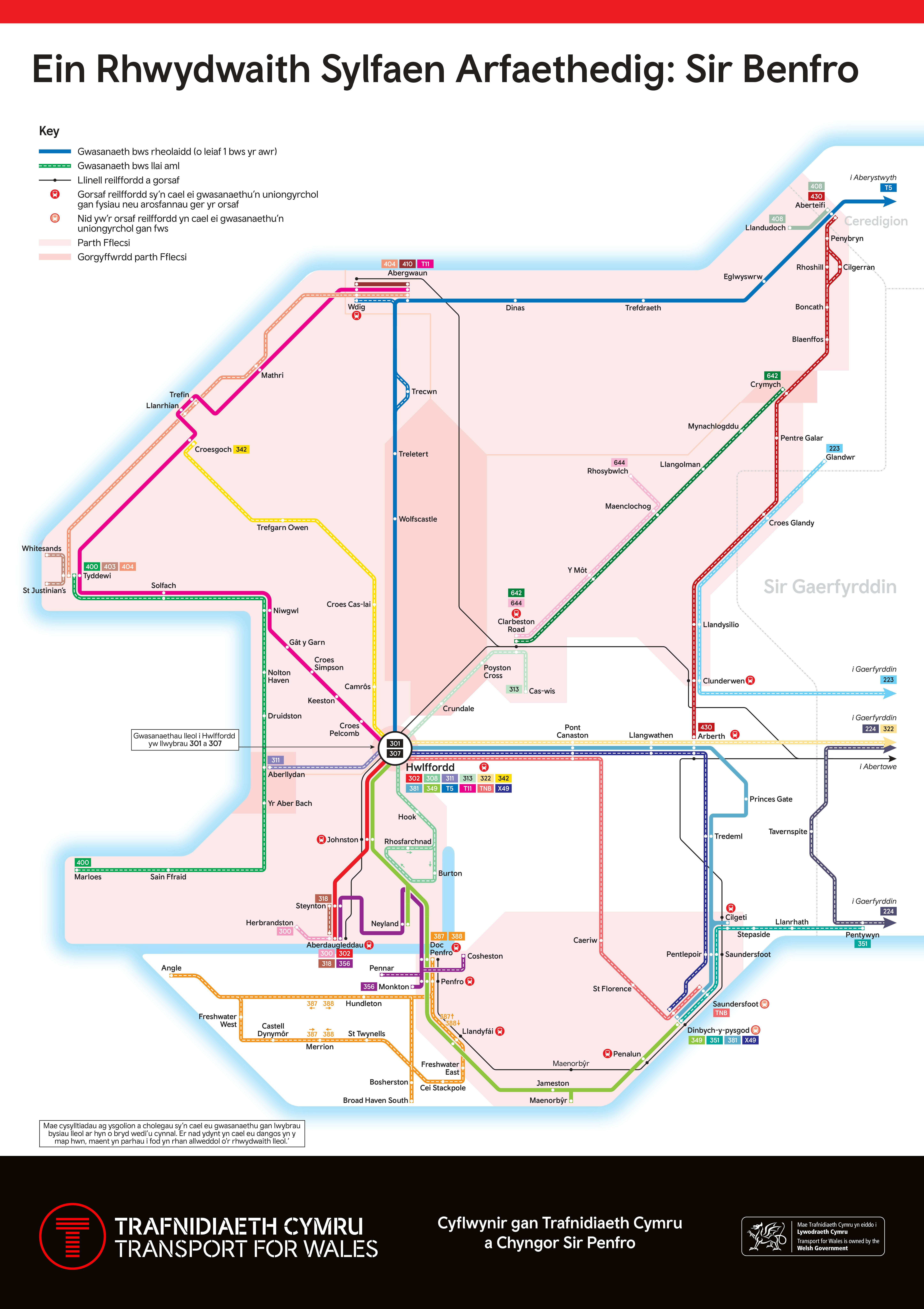 Map graffig yn dangos y Rhwydwaith Sylfaen Arfaethedig yn Sir Benfro