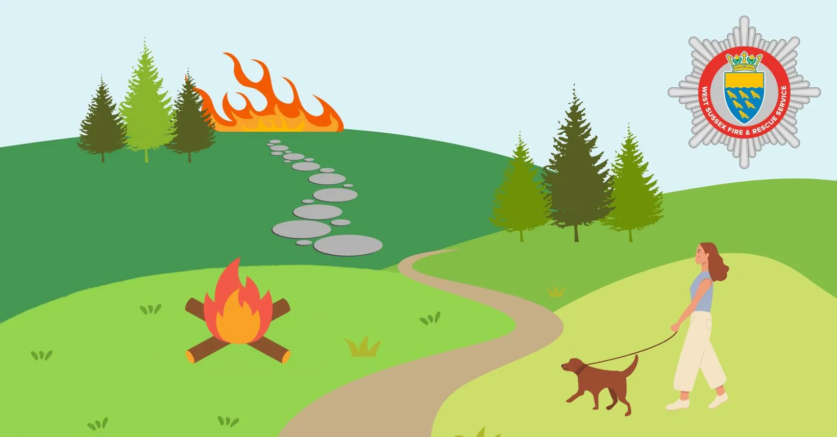 Graphic of a countryside scene with a controlled fire and an uncontrolled fire in the distance and a person walking a dog.