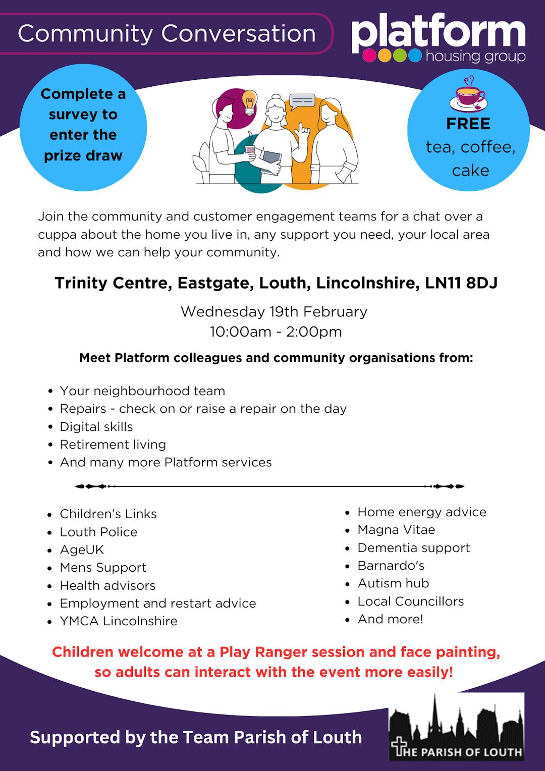 Poster promoting activities at Louth Community Conversation Trinity Centre LN11 8DJ on 19th February from 10am to 2pm