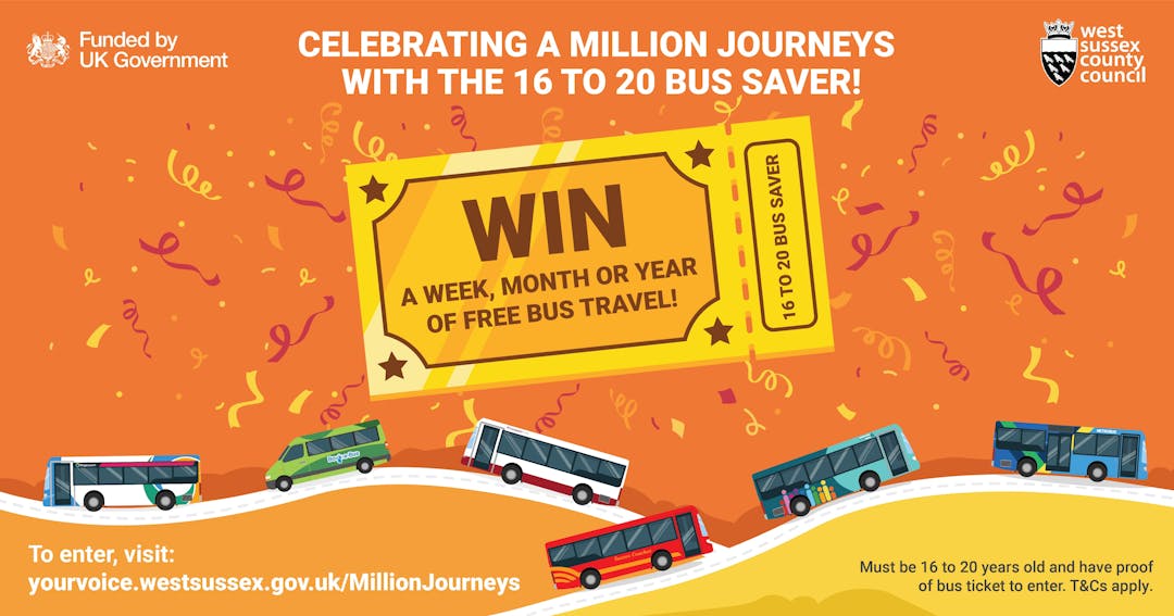 An image shows an illustration of a golden ticket and an illustration of the different bus operators in West Sussex including