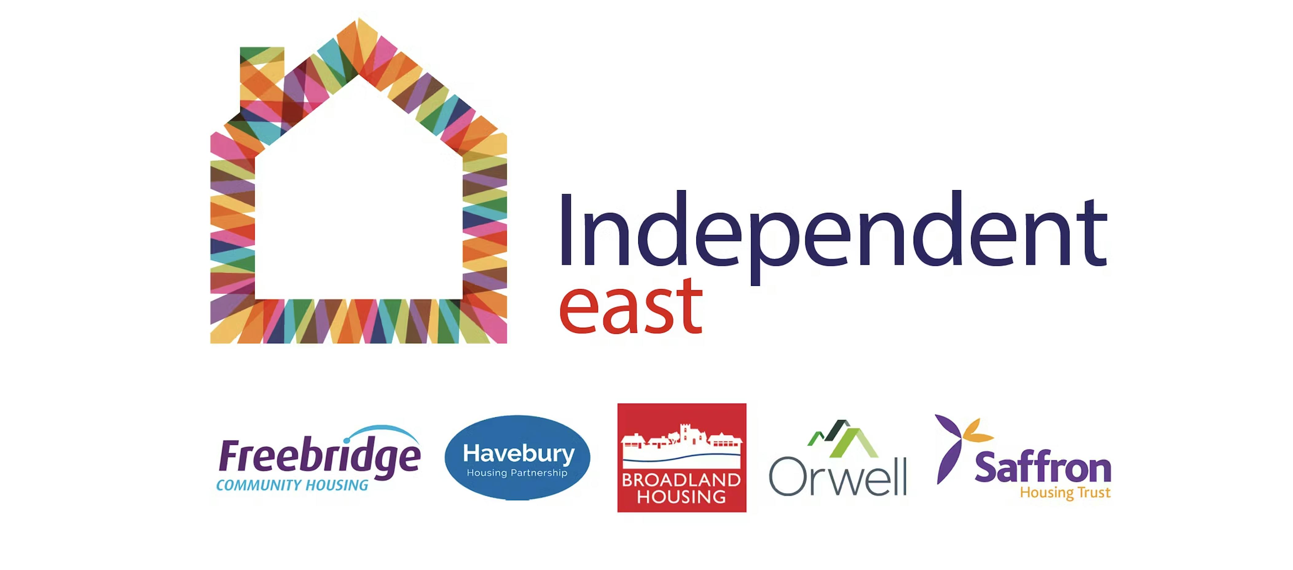 a rainbow outline of  house with the logos of the housing associations that form Independent East