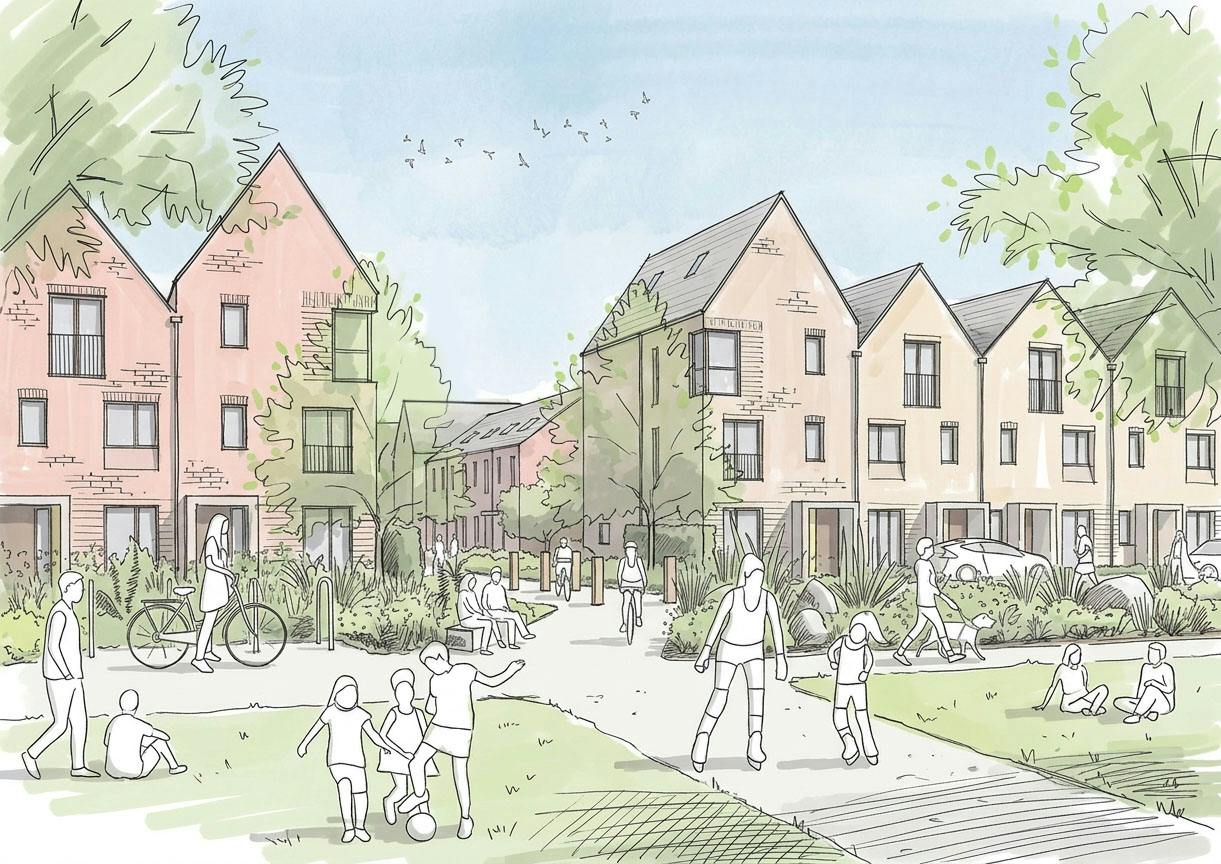 Example of General Needs Housing with family-sized homes and children playing in gardens.