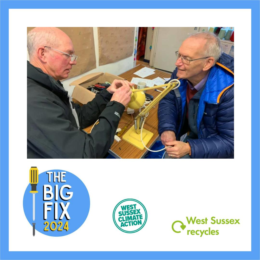 a man fixing some toys with the Big Fix 2023 Logo, West Sussex Recycles logo and West Sussex Climate Action Logo underneath